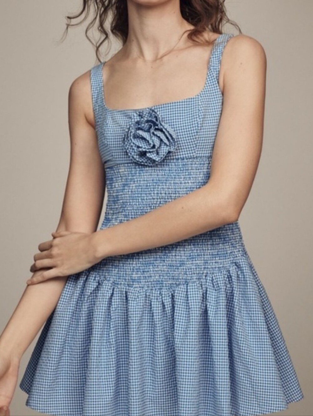 Maeve Blue Gingham Smocked Mini Dress with Floral Accent